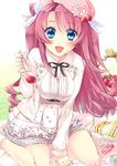  belt blue_eyes cardigan cream double_bun dress food fork fruit hat katagiri_hinata koihime_musou long_hair official_art open_mouth pink_hair ryuubi sandwich sitting smile socks solo strawberry white_dress 