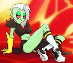  alien armor breasts clothed clothing female footwear gloves hair lord_dominator midriff shoes sitting smile solo ta-na wander_over_yonder white_hair 