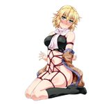  arms_behind_back bangs bare_shoulders bdsm black_legwear blonde_hair blush bondage bottomless bound bound_arms breasts closed_mouth commentary_request eyebrows_visible_through_hair full_body green_eyes looking_at_viewer medium_breasts mizuhashi_parsee navel nose_blush off_shoulder ootsuki_wataru pointy_ears restrained scarf shibari shibari_over_clothes short_hair sitting socks solo stomach sweat touhou transparent_background undershirt wariza white_scarf 