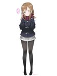  &gt;:) bangs black_footwear black_legwear brown_hair closed_mouth duffel_coat full_body grey_skirt hands_up hashimoto_mari kunikida_hanamaru loafers long_hair looking_at_viewer love_live! love_live!_sunshine!! pantyhose pleated_skirt red_scarf scarf school_uniform shoes simple_background skirt sleeves_past_wrists smile smug solo speech_bubble standing striped striped_scarf swept_bangs twitter_username v-shaped_eyebrows white_background yellow_eyes zura_(phrase) 