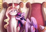  detailed_background duo equine eyelashes feathered_wings feathers female feral friendship_is_magic fur hair horn magnaluna mammal my_little_pony narrow_eyes pink_hair purple_feathers purple_fur purple_hair sitting smile twilight_sparkle_(mlp) white_fur winged_unicorn wings 