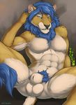  abs animal_genitalia anthro balls black_nose blue_eyes blue_hair blurred_background feline fur hair hand_behind_head lion looking_at_viewer male mammal mane muscular presenting pubes sharp_teeth sheath sitting smile smirk solo teeth truegrave9 white_fur yellow_fur 