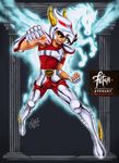  2015 arm_guards armband armor belt boots brown_eyes brown_hair clenched_hands dated deviantart_username energy fighting_stance fingerless_gloves franciscoetchart gloves glowing helmet looking_at_viewer magic male_focus official_style pegasus pegasus_seiya saint_seiya tank_top uniform watermark web_address 