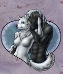  &lt;3 2017 abs anthro blue_eyes breasts brown_eyes canine chest_tuft duo equine featureless_breasts female fur half-length_portrait hand_on_hip hand_on_neck hi_res horse kierstal looking_back male mammal navel nude portrait romantic_couple simple_background smile tuft white_fur wolf 