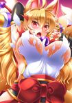  ahoge animal_ears arm_up armpits bangs blonde_hair blush breasts commentary_request exploding_clothes eyebrows_visible_through_hair fox_ears hip_vent izuna_(shinrabanshou) japanese_clothes kittan_(cve27426) large_breasts long_hair looking_at_viewer nail_polish no_bra open_mouth orb red_eyes red_nails sash shinrabanshou sideboob solo torn_clothes upper_body 