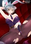  arm_up battle_bunny_riven breasts breasts_apart bunny_ears bunnysuit carrot couch grey_hair high_heels large_breasts league_of_legends looking_at_viewer naughty_face pantyhose pussy riven_(league_of_legends) see-through smile spread_legs thighs tofuubear torn_pantyhose watermark 