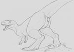  2017 animal_genitalia black_and_white claws cloaca digital_drawing_(artwork) digital_media_(artwork) dinosaur egg female feral looking_back monochrome nest open_mouth oviposition pussy_juice raised_tail saliva side_view simple_background sketch solo teeth theropod tongue white_background yaroul 