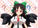  ? ?? bird_wings blush breasts brown_hair cato_(monocatienus) collared_shirt commentary frilled_shirt_collar frilled_sleeves frills head_tilt large_breasts long_hair looking_at_viewer nervous_smile polka_dot polka_dot_background puffy_short_sleeves puffy_sleeves red_eyes reiuji_utsuho shirt short_sleeves smile solo sweat third_eye touhou wings 