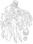  breasts cleavage cosmic_bear covered_mouth dress dress_lift eyelashes from_side high_heels horns kantai_collection large_breasts legs long_hair long_legs looking_at_viewer midway_hime monochrome shinkaisei-kan simple_background sketch solo teeth very_long_hair white_background 