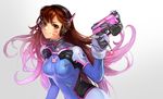  absurdres animal_print arm_at_side arm_up bangs blue_bodysuit bodysuit bracer breasts brown_eyes brown_hair bunny_print character_name charm_(object) closed_mouth d.va_(overwatch) eyelashes facepaint facial_mark finger_on_trigger gloves gradient gradient_hair gun hand_up handgun headphones high_collar highres holding holding_gun holding_weapon long_hair looking_at_viewer medium_breasts multicolored_hair nose overwatch pauldrons pilot_suit pink_hair rain_yoo ribbed_bodysuit shoulder_pads simple_background skin_tight smile solo turtleneck upper_body very_long_hair weapon whisker_markings white_gloves 