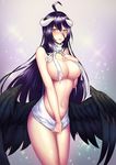  ahoge albedo black_hair black_wings blak_at breast_suppress breasts brown_eyes cowboy_shot eyebrows_visible_through_hair grey_sweater hair_between_eyes horns large_breasts long_hair looking_at_viewer low_wings meme_attire navel overlord_(maruyama) parted_lips ribbed_sweater slit_pupils solo sparkle sweater turtleneck turtleneck_sweater very_long_hair virgin_killer_sweater wardrobe_error wings 