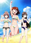  ;d absurdres arm_up armpits bang_dream! barefoot beach bikini black_bikini_bottom black_hair blue_bikini blue_eyes blush bow breasts brown_hair cleavage cloud cloudy_sky collarbone day front-tie_bikini front-tie_top full_body green_bikini_top green_bow green_eyes grin groin hair_between_eyes hair_ornament hair_ribbon hanazono_tae high_ponytail highres jumping leg_up long_hair looking_at_viewer medium_breasts mismatched_bikini multiple_girls navel ocean one_eye_closed open_mouth outdoors ribbon sky smile standing star star_hair_ornament striped_bikini_bottom sunlight swimsuit toyama_kasumi very_long_hair white_ribbon yamabuki_saaya yellow_ribbon 