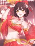  bare_shoulders black_hair blush breasts fan folding_fan hair_ornament highres idolmaster idolmaster_cinderella_girls japanese_clothes large_breasts looking_at_viewer midriff monotiina navel open_mouth short_hair smile solo takafuji_kako yellow_eyes zoom_layer 