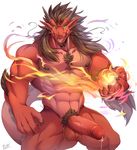  2017 abs anthro arm_tuft balls beard belly biceps big_biceps big_penis big_tail body_hair brown_hair brown_horn chest_hair claws dragon dripping erection facial_hair fire front_view green_eyes hair horn humanoid_penis long_hair long_tail magic male muscular muscular_male nipples nude open_mouth pecs penis pink_tongue pose precum pubes rabbity red_skin red_tail scalie sharp_teeth simple_background sin_(varanis_ridari) snout solo standing tail_tuft teeth thick_tail thick_thighs tongue tuft vein veiny_penis western_dragon whiskers white_background 