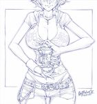  artist_name belt breasts cleavage dated denim greyscale head_out_of_frame highres jacket jeans jewelry large_breasts lita_(unbalance) midriff monochrome necklace original pants short_hair signature thigh_gap thong unbalance 