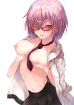  absurdres between_breasts black-framed_eyewear black_legwear blush breast_hold breasts fate/grand_order fate_(series) glasses highres hplay large_breasts looking_at_viewer mash_kyrielight navel necktie necktie_between_breasts nipples no_bra open_clothes open_shirt pantyhose purple_eyes purple_hair red_neckwear shirt short_hair simple_background smile solo white_background white_shirt 