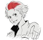  alternate_hairstyle cst fang hair_slicked_back male_focus minami_kenjirou monochrome open_mouth pointing red_hair smile spot_color upper_body yuri!!!_on_ice 