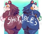  2019 animal_crossing anthro apron ass_to_ass big_breasts big_butt black_eyes blue_fur blush body_writing breasts butt butt_bump butt_squish clothing duo eulipotyphlan female female/female fur hedgehog huge_breasts huge_butt looking_back mabel_able mammal nintendo open_mouth sable_able short_stack sibling sisters smile trinity-fate62 video_games 