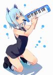  animal_ears bare_arms bare_shoulders black_dress blue_eyes blue_hair boots cat_ears dress fu-ta hair_between_eyes instrument keyboard_(instrument) kneeling looking_at_viewer melodica mouth_hold music nanami_ao playing_instrument short_hair simple_background solo white_background yozakura_quartet 