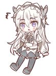  /\/\/\ 1girl black_skirt blush boots chaika_trabant chibi eyebrows_visible_through_hair headband highres hitsugi_no_chaika kvlen long_hair looking_at_viewer open_mouth purple_eyes skirt solo triangle_mouth white_hair 