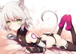  :/ animal_ears ass bandaged_arm bandages bangs bare_shoulders black_gloves black_legwear black_panties breasts closed_mouth crop_top fate/apocrypha fate_(series) fingerless_gloves gloves highres jack_the_ripper_(fate/apocrypha) kemonomimi_mode looking_at_viewer lying mouse_ears mouse_tail on_stomach panties scar sh_(562835932) short_hair silver_hair single_glove small_breasts solo tail thighhighs underwear yellow_eyes 
