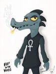  2017 3_fingers alligator ankh anthro bea_(nitw) cigarette clothed clothing crocodilian digital_media_(artwork) english_text fangs female frown ink_stains night_in_the_woods reptile scales scalie sharp_teeth simple_background smile smirk smoke smoking solo spines standing teeth text video_games yellow_sclera 
