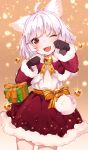  1girl ;d animal_ear_fluff animal_ears bell black_gloves box capelet cat_ears cat_tail christmas christmas_ornaments fangs fur-trimmed_capelet fur-trimmed_skirt fur-trimmed_sleeves fur_trim gift gift_box gloves highres hoshi_usagi jingle_bell one_eye_closed open_mouth original paw_pose red_eyes sash smile star tail white_hair 
