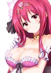  black_bow blush bow breasts cattleya_(flower_knight_girl) choker cleavage closed_mouth collarbone flower_knight_girl frills gloves hair_ribbon highres large_breasts long_hair looking_at_viewer minato_yoshihiro red_eyes red_hair ribbon smile solo tiara upper_body white_background white_gloves yellow_choker 