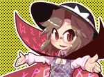  blush bow brown_eyes brown_hair cape glasses hat hat_bow juliet_sleeves long_sleeves maru-sun outstretched_arms plaid plaid_vest puffy_sleeves shirt touhou usami_sumireko vest white_shirt 