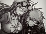  1girl ahoge arm_around_shoulder bow breasts choker cleavage danganronpa embarrassed fingerless_gloves gloves goggles goggles_on_head greyscale iruma_miu jewelry keebo large_breasts long_hair long_sleeves looking_away monochrome necklace new_danganronpa_v3 open_mouth sailor_collar shirt short_hair smile sweatdrop toohoku upper_body 