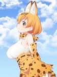  animal_ears bare_shoulders breasts brown_hair cloud day extra_ears highres kemono_friends large_breasts looking_at_viewer serval_(kemono_friends) serval_ears serval_print serval_tail short_hair sideboob sky smile solo tail ushi 