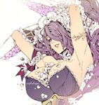  animal_ears arm_ribbon arm_tattoo armpits arms_behind_head arms_up between_breasts big_hair breasts bunny_ears bunnysuit camilla_(fire_emblem_if) cleavage fire_emblem fire_emblem_heroes fire_emblem_if flower hair_over_one_eye hairband hands_in_hair hotate_rayan huge_breasts lace_trim lips long_hair looking_at_viewer parted_lips protected_link purple_eyes purple_hair ribbon smile solo strapless tattoo twitter_username upper_body very_long_hair wavy_hair white_flower 