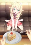  absurdres asami_asami black_ribbon blonde_hair cake commentary_request cream cream_on_face feeding food food_on_face green_eyes head_tilt highres idolmaster idolmaster_cinderella_girls indoors kneeling long_hair looking_at_viewer no_shoes open_mouth out_of_frame pov pov_feeding pov_hands red_skirt ribbon signature skirt slice_of_cake socks tongue twitter_username white_legwear yusa_kozue 