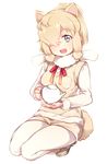  alpaca_ears alpaca_suri_(kemono_friends) animal_ears blonde_hair commentary_request fur_collar fur_trim hair_over_one_eye kemono_friends leafwow long_sleeves looking_at_viewer open_mouth pantyhose shirt short_hair sidelocks smile solo squatting tail teapot 