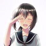  black_hair closed_eyes collarbone fubuki_(kantai_collection) kantai_collection low_ponytail open_mouth ponytail sailor_collar salute school_uniform serafuku short_ponytail sidelocks simple_background solo tears upper_body upper_teeth white_background yoake_no_koromo 