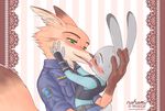  black_fur black_nose blush buckteeth canine claws clothing cotton_tail disney duo eyes_closed fangs female fox fur gloves_(marking) green_eyes grey_fur half-closed_eyes inner_ear_fluff judy_hopps kissing lagomorph long_ears male mammal markings nahami nick_wilde open_mouth orange_fur paws pink_nose police_uniform purple_eyes rabbit sweat teeth tongue tongue_out uniform white_fur yellow_fur zootopia 