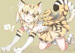  all_fours animal_ears animal_print blonde_hair bow bowtie cat_ears cat_tail elbow_gloves fang frilled_skirt frills full_body gloves grey_background japari_symbol kaida_michi kemono_friends looking_to_the_side open_mouth ribbon sand_cat_(kemono_friends) short_hair simple_background skirt sleeveless solo tail yellow_eyes 