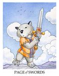  ambiguous_gender anthro black_eyes card clothing cloud english_text mammal marsupial melee_weapon minor_arcana page_of_swords_(tarot) solo sword tarot_card text ursula_vernon weapon wombat 