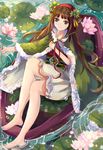  bad_feet barefoot brown_hair cape flower green_cape green_eyes hair_ornament hairband holding holding_flower lily_pad looking_at_viewer lotus mthelen original outdoors ripples rowboat sketch skirt smile soaking_feet solo water white_skirt 