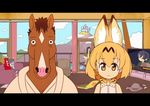  5girls animal_ears arms_up backpack bag bags_under_eyes beanie blonde_hair blue_hair blue_sky bojack_horseman bojack_horseman_(series) bow bowtie brown_hair cigarette cloud commentary_request couch crossed_arms curtains day diane_nyugen feathers fennec_(kemono_friends) fingerless_gloves fox_ears fox_tail gloves green_jacket grey_hair hat hitsuji_bako hood hoodie horse horse_head jacket kaban_(kemono_friends) kemono_friends letterboxed looking_at_viewer mountain multiple_boys multiple_girls otter_ears pizza_box pool robe serval_(kemono_friends) serval_ears serval_print short_hair sky sleeveless small-clawed_otter_(kemono_friends) splashing staring tail todd_chavez window yellow_eyes 