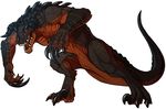  2016 action_pose alternate_form brown_scales claws cultmastersleet deathclaw digitigrade fallout featureless_crotch feral glowing glowing_eyes grey_scales grim_(grimsaurus) horn male multicolored_scales open_mouth red_eyes scales scalie sharp_teeth simple_background solo spines teeth tongue two_tone_scales video_games white_background 