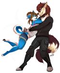  anthro canine clothed clothing duo facial_piercing female fur hair hug lip_piercing male male/female mammal myloveless open_mouth piercing smile watermark 