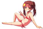  bangs bare_legs bikini blush breasts brown_eyes brown_hair commentary_request girls_und_panzer grin hair_ribbon kadotani_anzu long_hair looking_at_viewer parted_bangs ribbon side-tie_bikini sitting small_breasts smile solo sw swimsuit twintails v white_background 