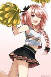 armpits astolfo_(fate) braid cheerleader crop_top crop_top_overhang fate/apocrypha fate_(series) hair_ribbon long_hair looking_at_viewer male_focus midriff navel one_eye_closed open_mouth otoko_no_ko pink_hair pom_poms purple_eyes ribbon shoes single_braid skirt smile sneakers solo somechime_(sometime1209) white_background 