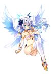  angel_wings aqua_eyes bare_shoulders black_heart breasts cleavage collar elbow_gloves flower four_goddesses_online:_cyber_dimension_neptune gloves hair_flower hair_ornament halo highres jewelry long_hair looking_at_viewer medium_breasts midriff navel neptune_(series) official_art power_symbol simple_background smile solo thighhighs tsunako white_background white_hair wings 
