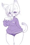  2014 anthro cat clothed clothing dessert feline female food fur hair ice_cream jacket kemono kishibe looking_at_viewer mammal monochrome panties popsicle short_hair siamese simple_background sketch slit_pupils solo standing thick_thighs underwear white_background 