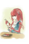  blush breasts commentary fins fish_girl food hair_ornament highres jewelry long_hair medium_breasts mipha monster_girl multicolored multicolored_skin necklace no_eyebrows red_hair red_skin ritsuki_mino sashimi solo the_legend_of_zelda the_legend_of_zelda:_breath_of_the_wild white_skin yellow_eyes zora 