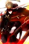  absurdres black_hair black_pants black_shirt cape commentary_request cowboy_shot family_crest fate_(series) gloves gun hat highres holding holding_sword holding_weapon katana koha-ace long_hair long_sleeves looking_at_viewer military military_hat military_uniform musket oda_nobunaga_(fate) oda_uri over_shoulder pants peaked_cap red_eyes shirokuma1414 shirt smile solo sword uniform weapon weapon_over_shoulder white_gloves 