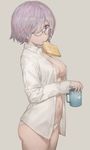  absurdres beige_background bow bow_panties breasts collared_shirt cowboy_shot cup dress_shirt fate/grand_order fate_(series) food food_in_mouth from_side glasses hair_over_one_eye heart highres holding holding_cup long_sleeves looking_at_viewer mash_kyrielight medium_breasts mouth_hold mug navel no_bra no_pants open_clothes open_shirt panties purple_bow purple_eyes purple_hair semi-rimless_eyewear shirt short_hair solo toast toast_in_mouth under-rim_eyewear underwear white_panties white_shirt yohan1754 