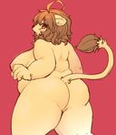  2013 anthro areola big_breasts big_butt blush breasts brown_hair butt feline female fur hair huge_thighs kemono kishibe lion looking_at_viewer looking_back mammal mane nipples nude open_mouth overweight raised_tail rear_view red_background side_boob simple_background solo standing thick_thighs yellow_fur 